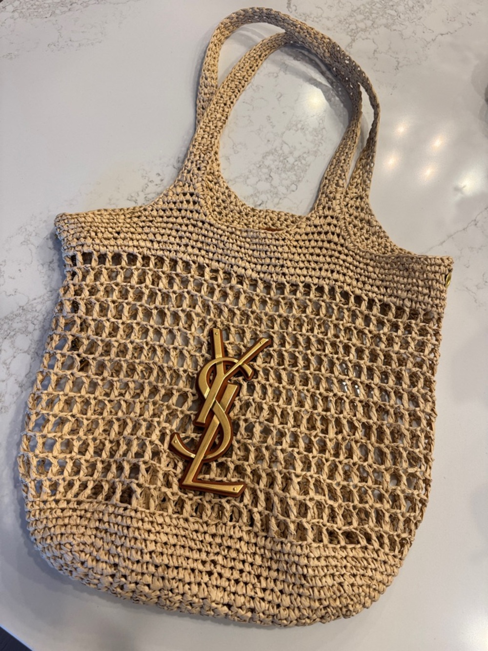 Beige Woven Tote Bag with Gold Logo